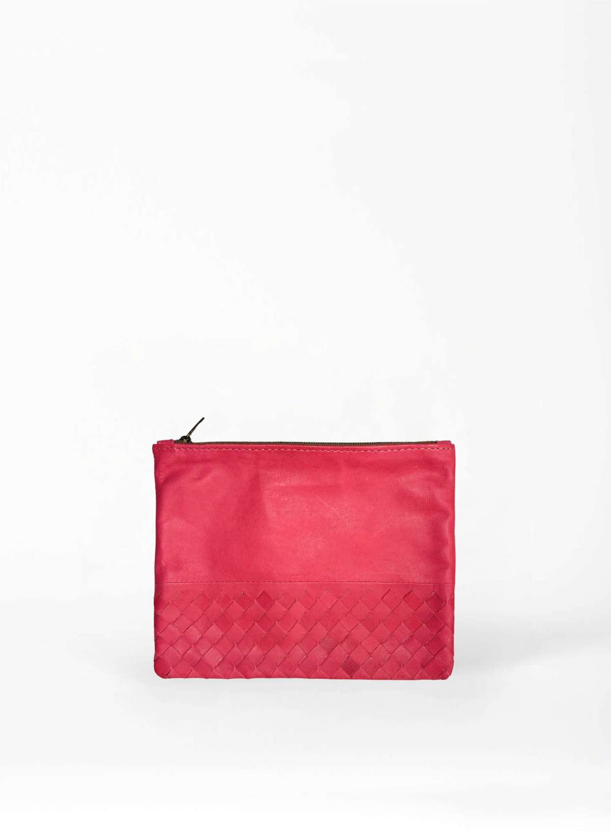 large pouch from ethically crafted accessories in pink showcasing front view.