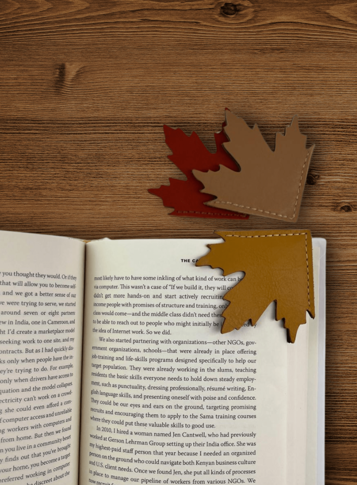 Leaf bookmarks on open book
