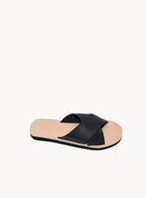 Men's criss cross leather sandal in black made with recycled and responsibly sourced materials.
