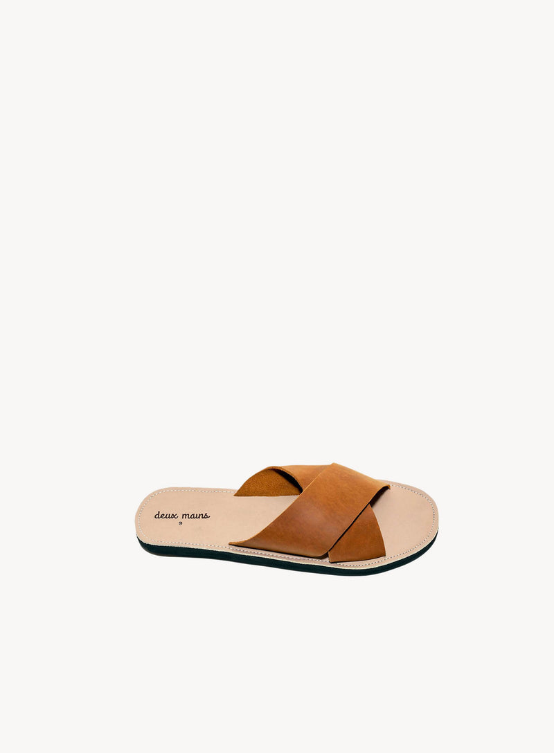 Men's criss cross leather sandal in cognac made with recycled and responsibly sourced materials.