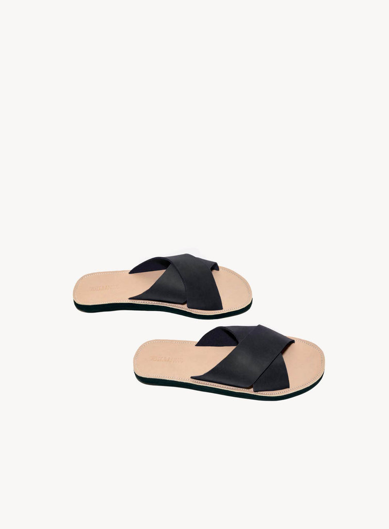 Men's criss cross leather sandals in black made with recycled and responsibly sourced materials.