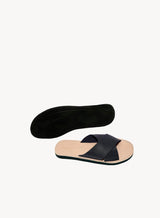Men's criss cross leather sandals in black showcasing insole made with recycled and responsibly sourced materials.