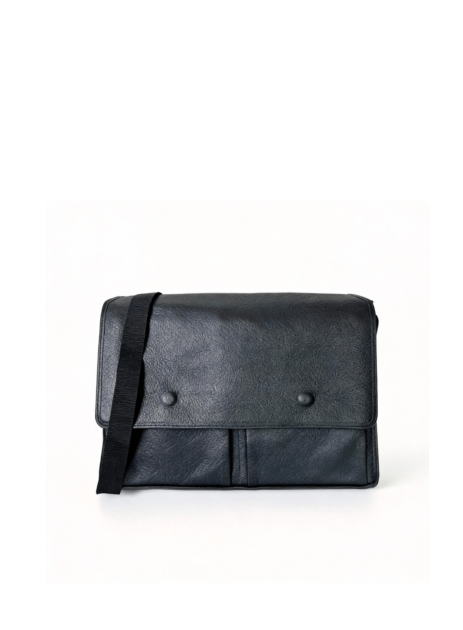 Black leather bag with a strap on a white background
