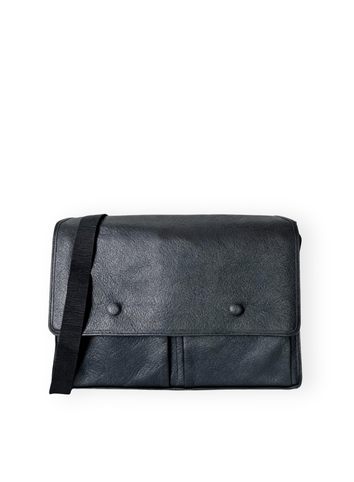 Black leather bag with a strap on a white background