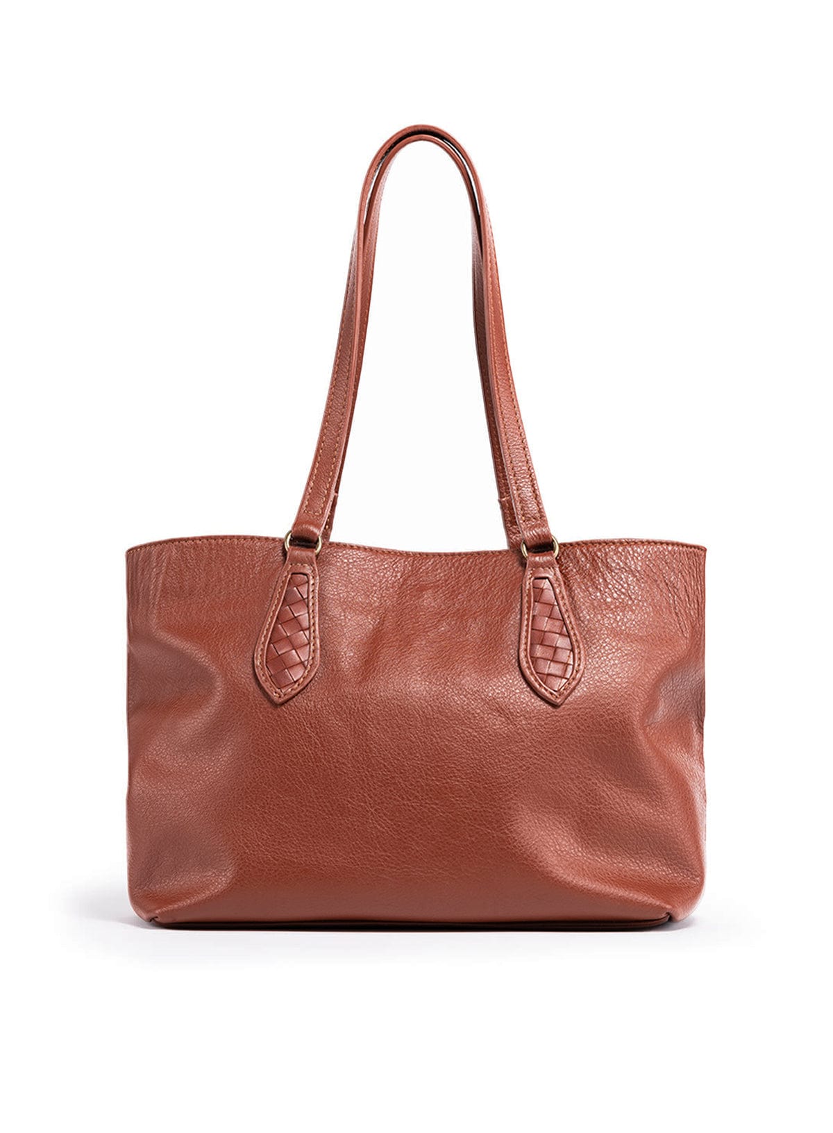 Brown leather tote bag on a white background