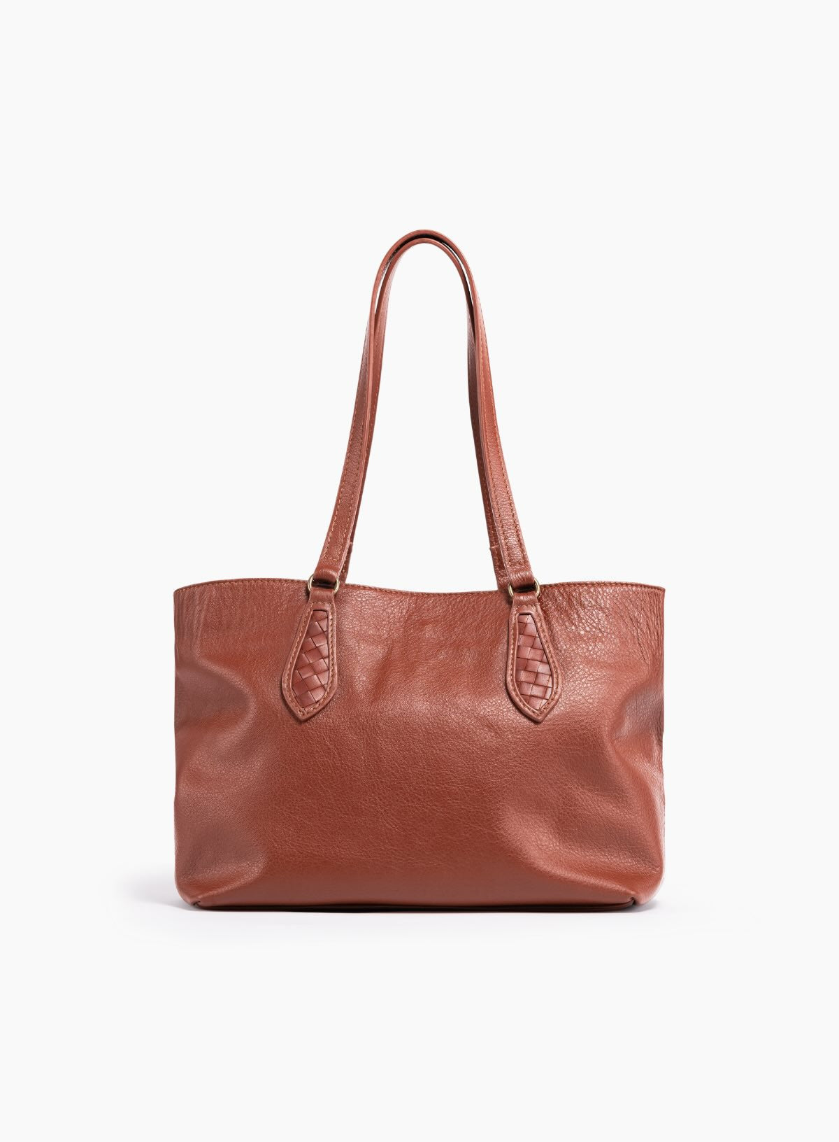 womens leather mid tote in brown from the fall collection showcasing front view.