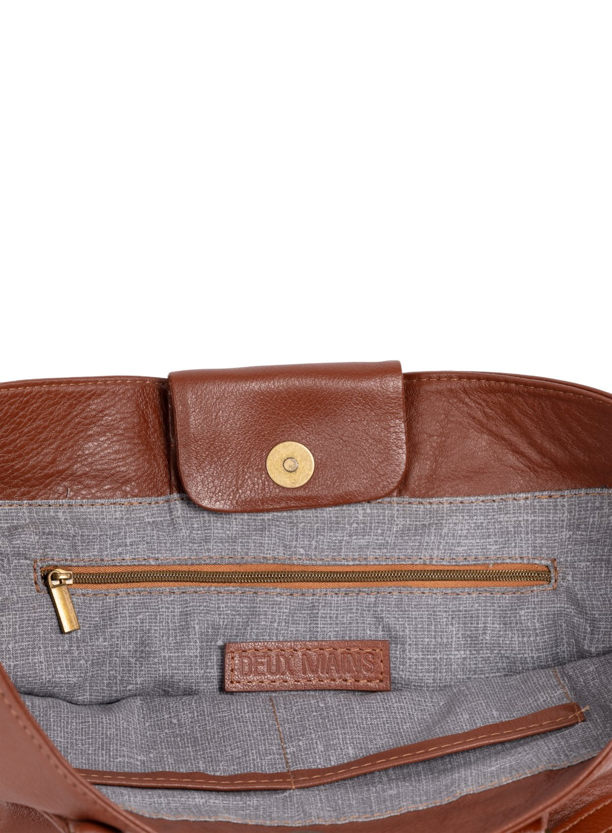 womens leather mid tote in brown from the fall collection showcasing detailed interior view.