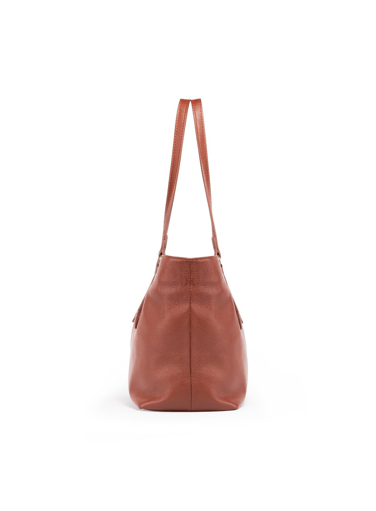 womens leather mid tote in brown from the fall collection showcasing side view.