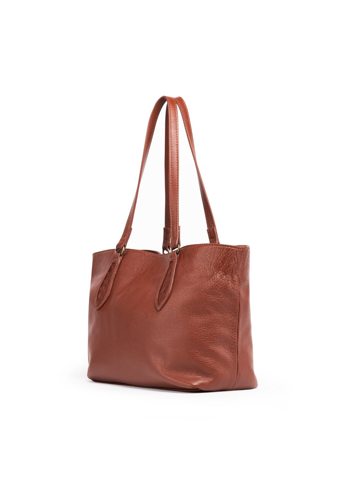 womens leather mid tote in brown from the fall collection showcasing detailed side view.