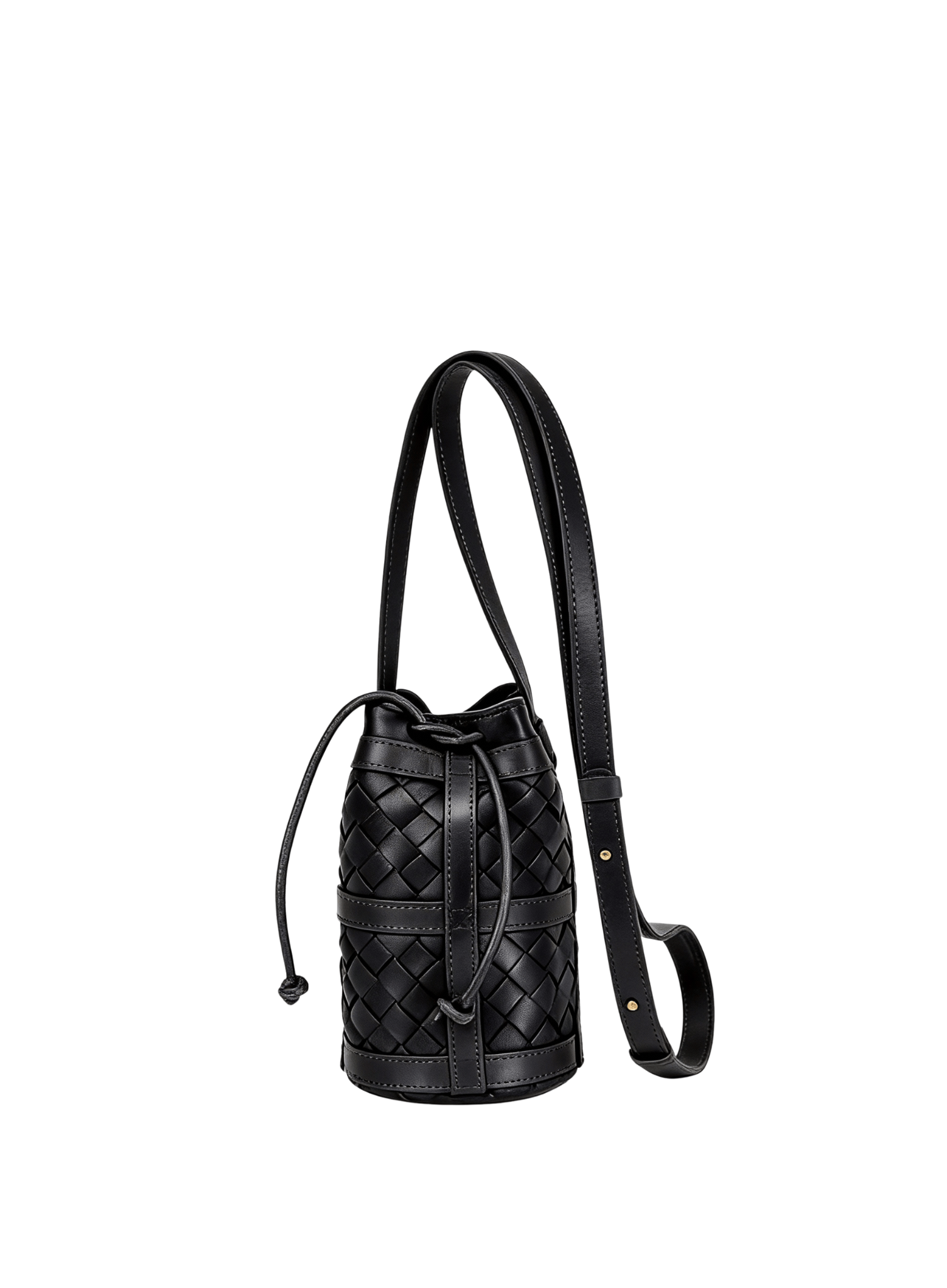 Black woven bucket bag on a white background