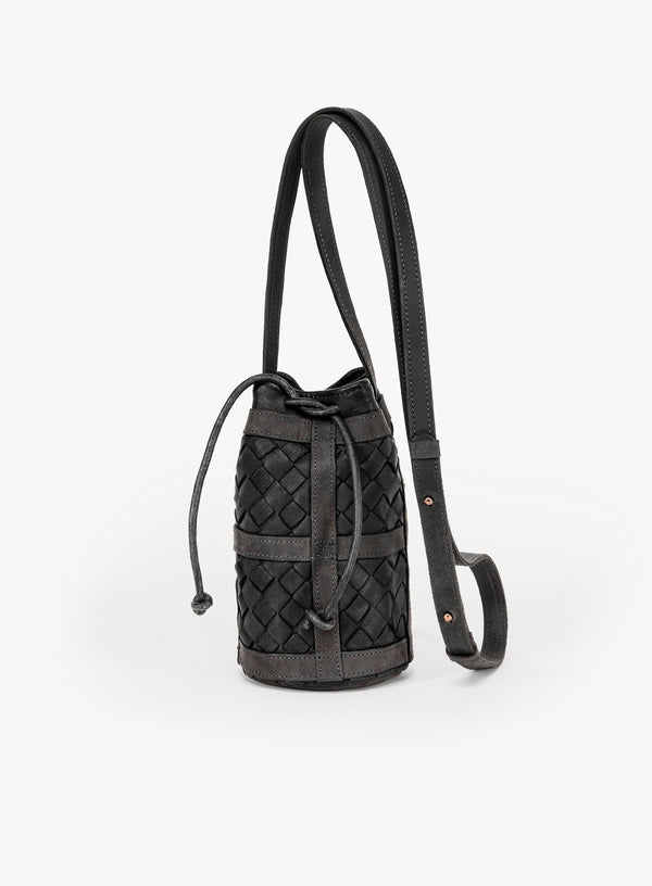 Mini essential bucket bag from womens bag collection in black showcasing front view.