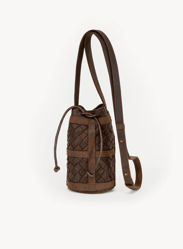 Mini essential bucket bag from womens bag collection in brown showcasing front view.