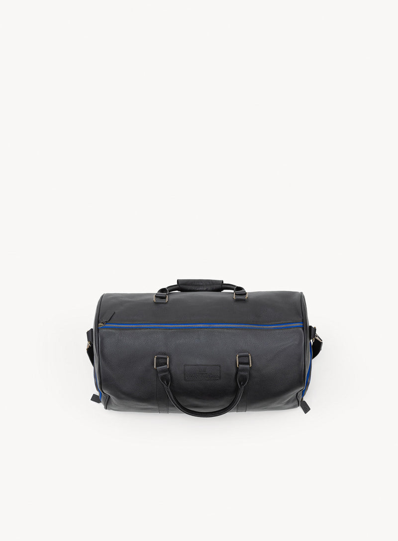 mission essential duffle bag in black with blue stitching top-view.