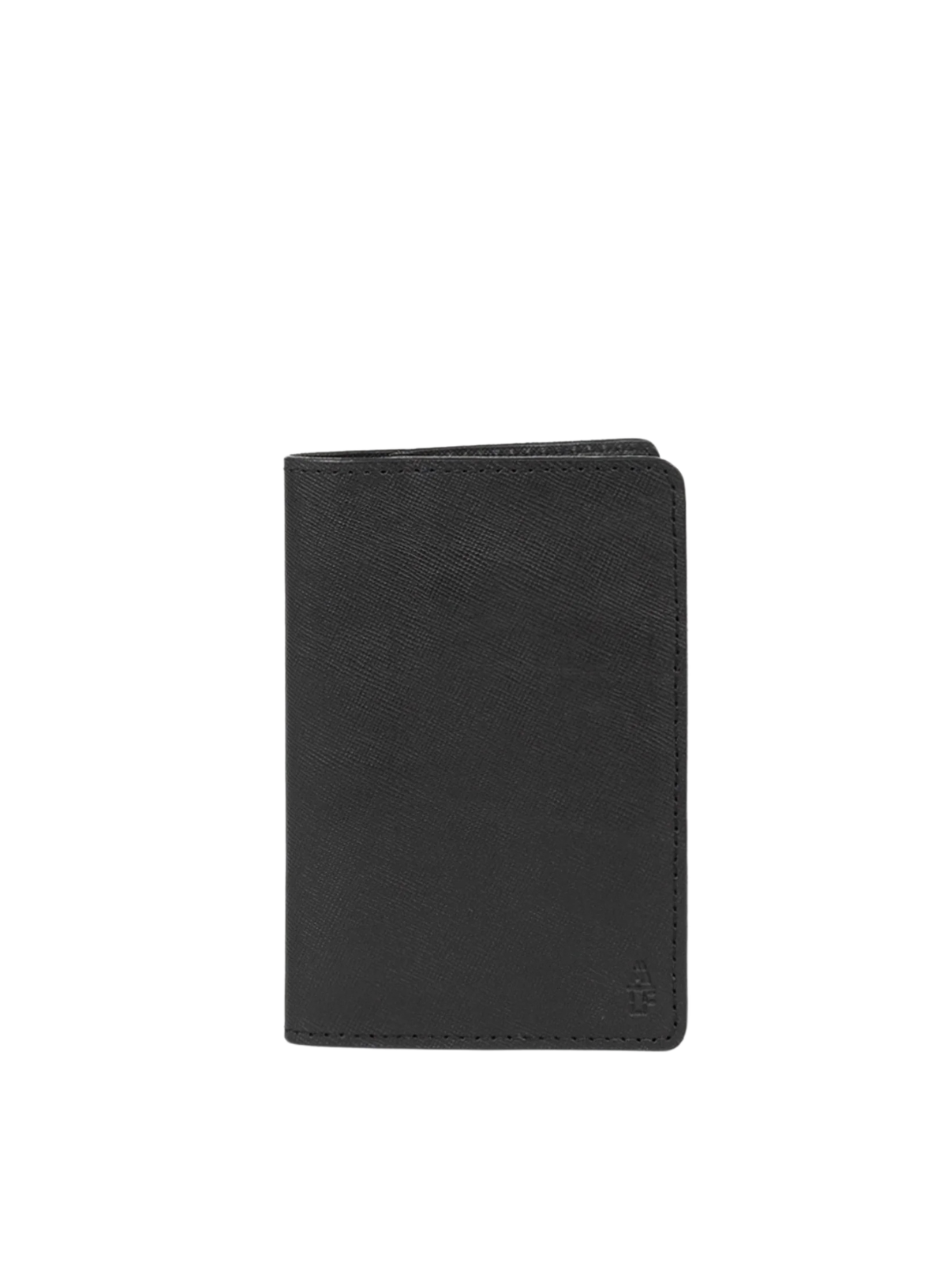 A black textured leather passport holder or slim wallet with a small debossed logo in the bottom right corner, shown on a plain white background.