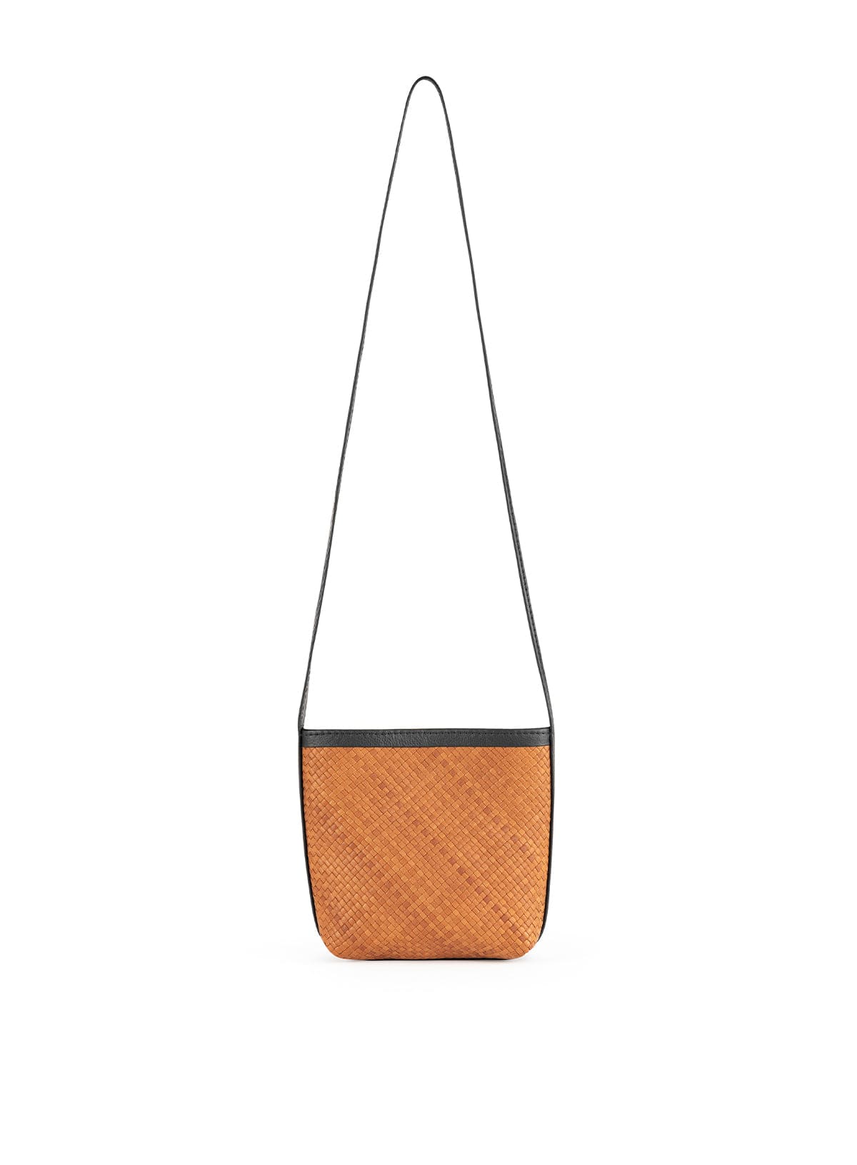 Woven crossbody bag with a black strap on a white background