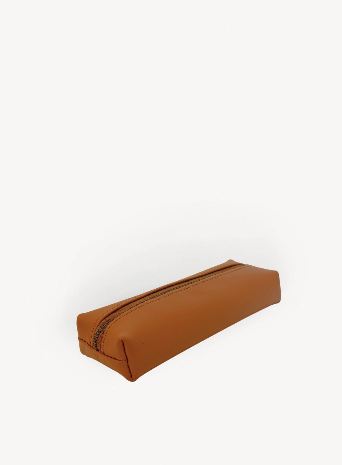 Cognac leather pencil case, front view.