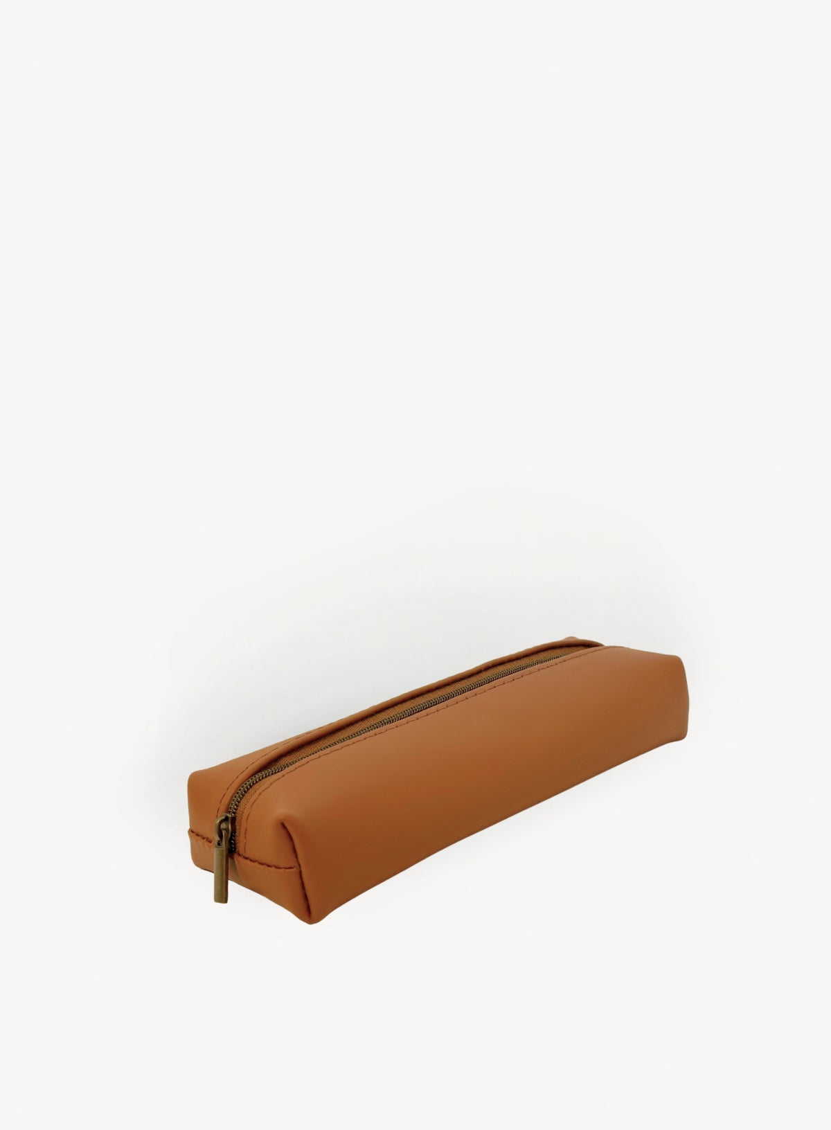 Cognac leather pencil case, back view.