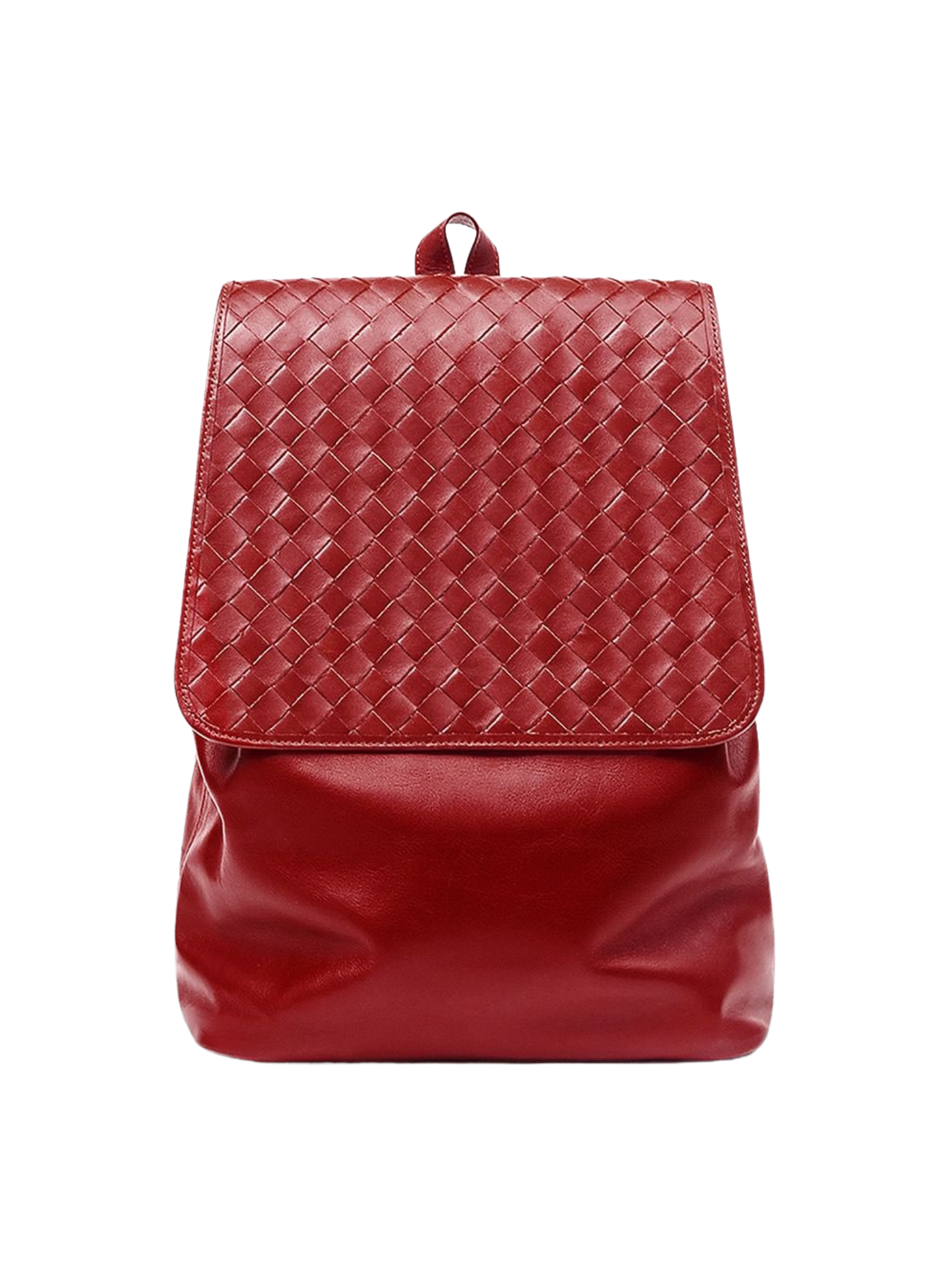 A red leather backpack with a woven basket-style front flap and smooth lower body, shown against a plain white background.