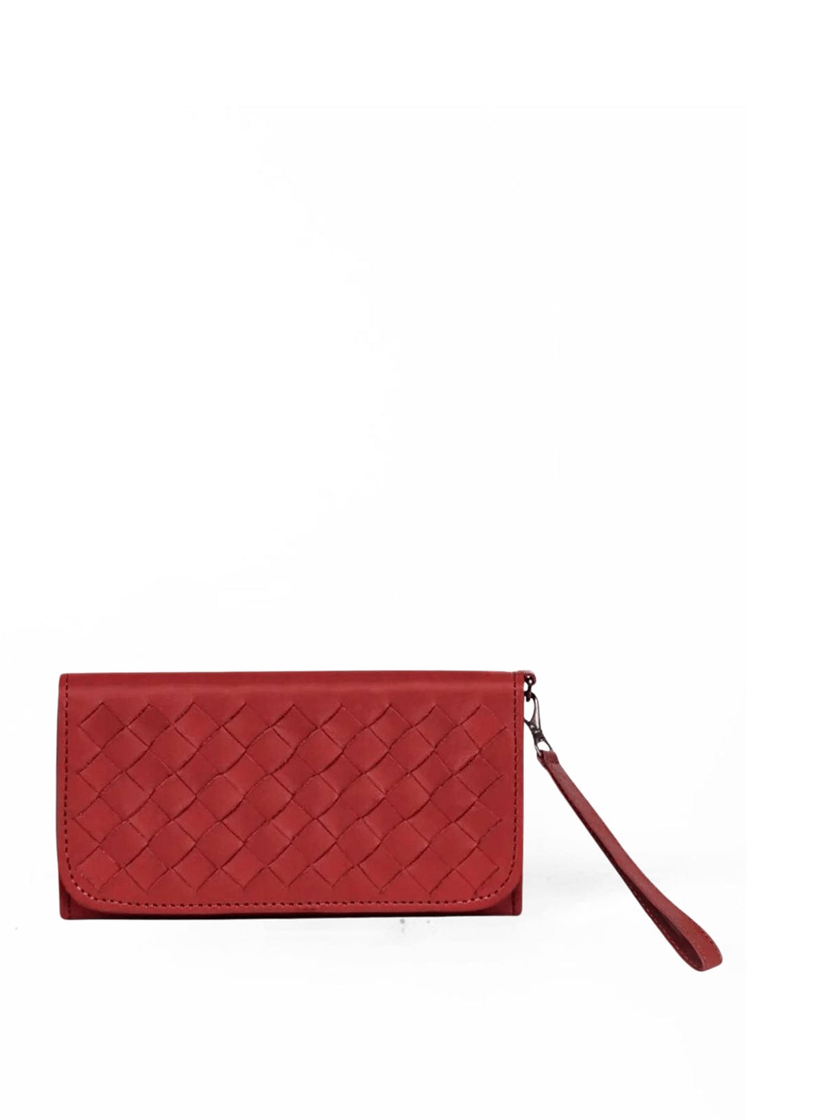 red wristlet wallet on white background.