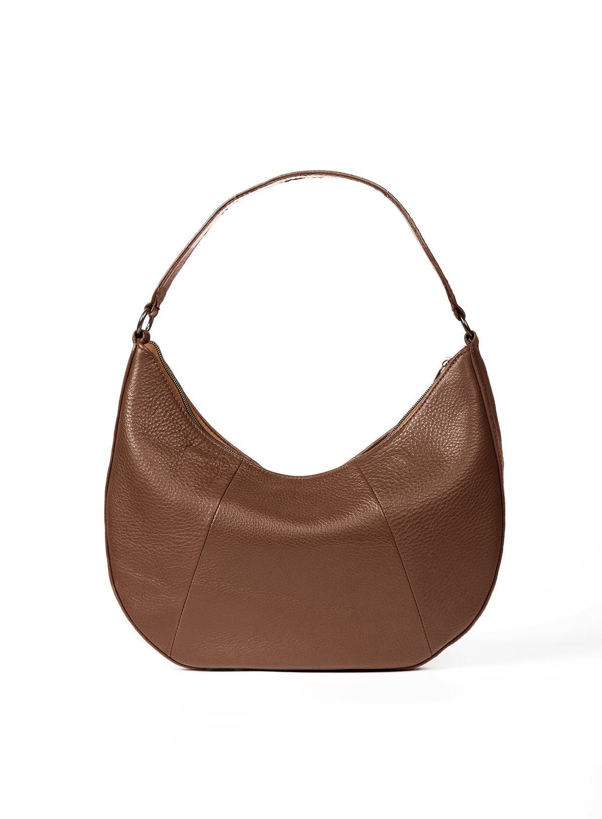 Brown leather handbag on a white background