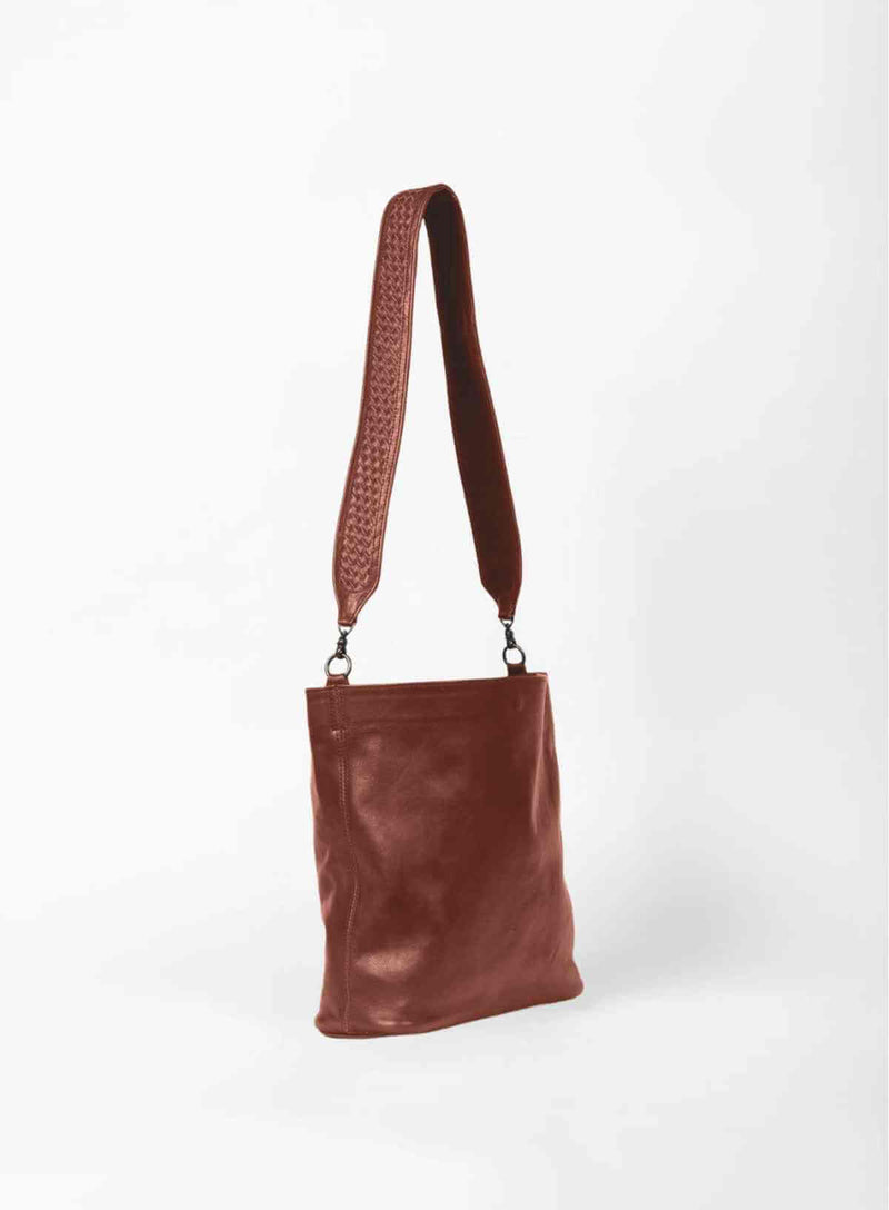 sarah shoulder bag from womens bags in mohogany showcasing side view.