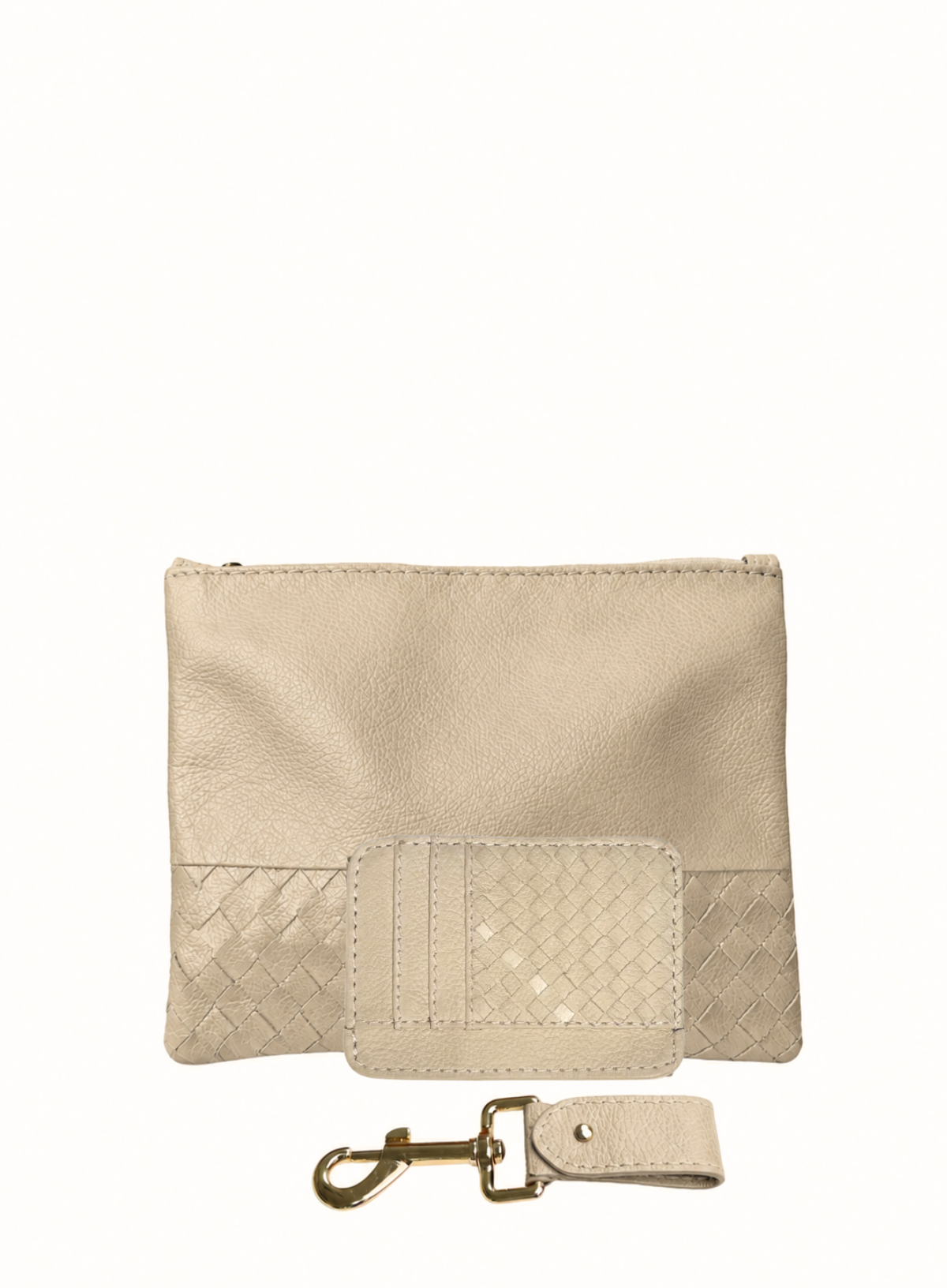A beige leather pouch with a woven basketweave pattern on the lower front and a matching detachable strap with a gold-tone clasp, shown on a plain white background.