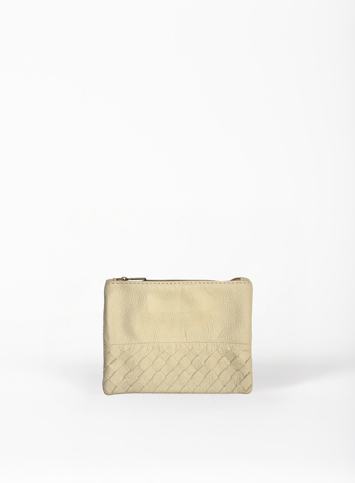 smalll pouch from sustainably hand made accessories in bone showcasing front view.