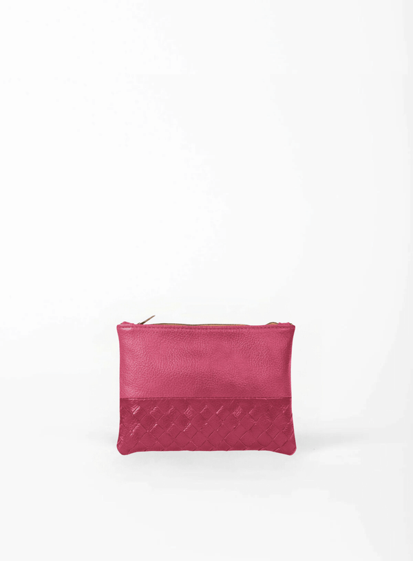 smalll pouch from sustainably hand made accessories in pink showcasing front view.