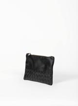 smalll pouch from sustainably hand made accessories in black showcasing side view.