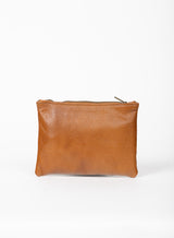 small pouch from ethically crafted accessories in cognac showcasing back view.