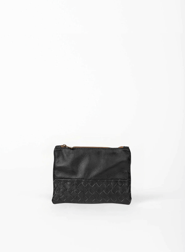 smalll pouch from sustainably hand made accessories in black showcasing front view.