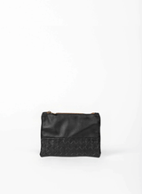 smalll pouch from sustainably hand made accessories in black showcasing front view.