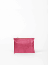 smalll pouch from sustainably hand made accessories in pink showcasing back view.