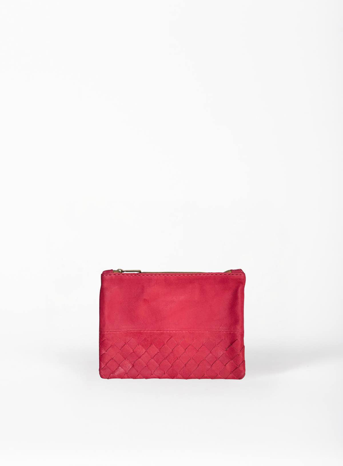 smalll pouch from sustainably hand made accessories in pink showcasing front view.