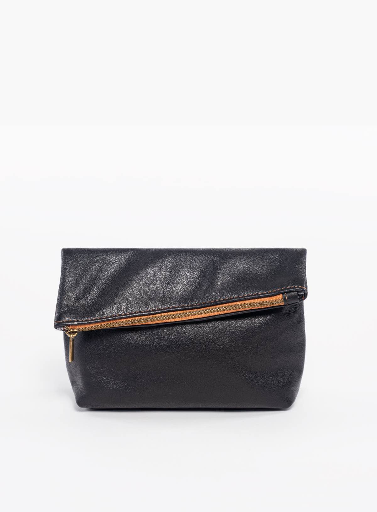 womens leather makeup bag in black front view folded over  from fall collection.