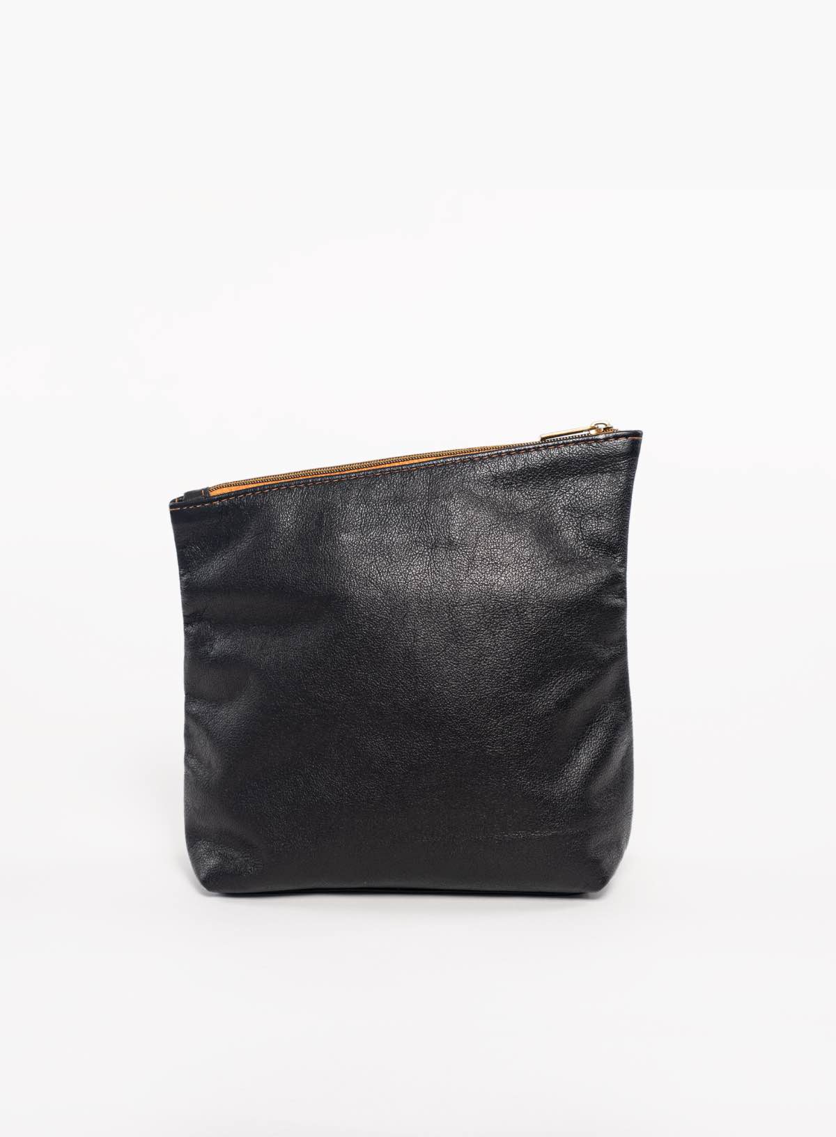 womens leather makeup bag in black front view from fall collection.