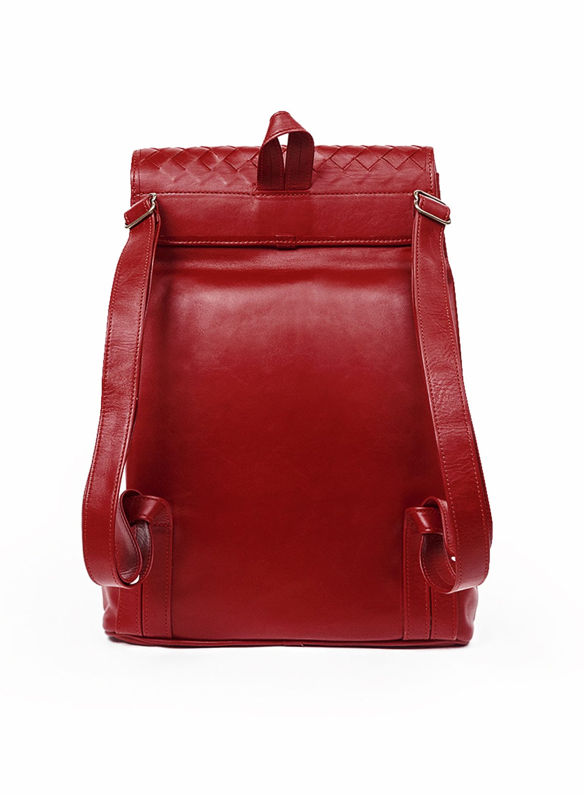 Red woven backpack back details on a white background