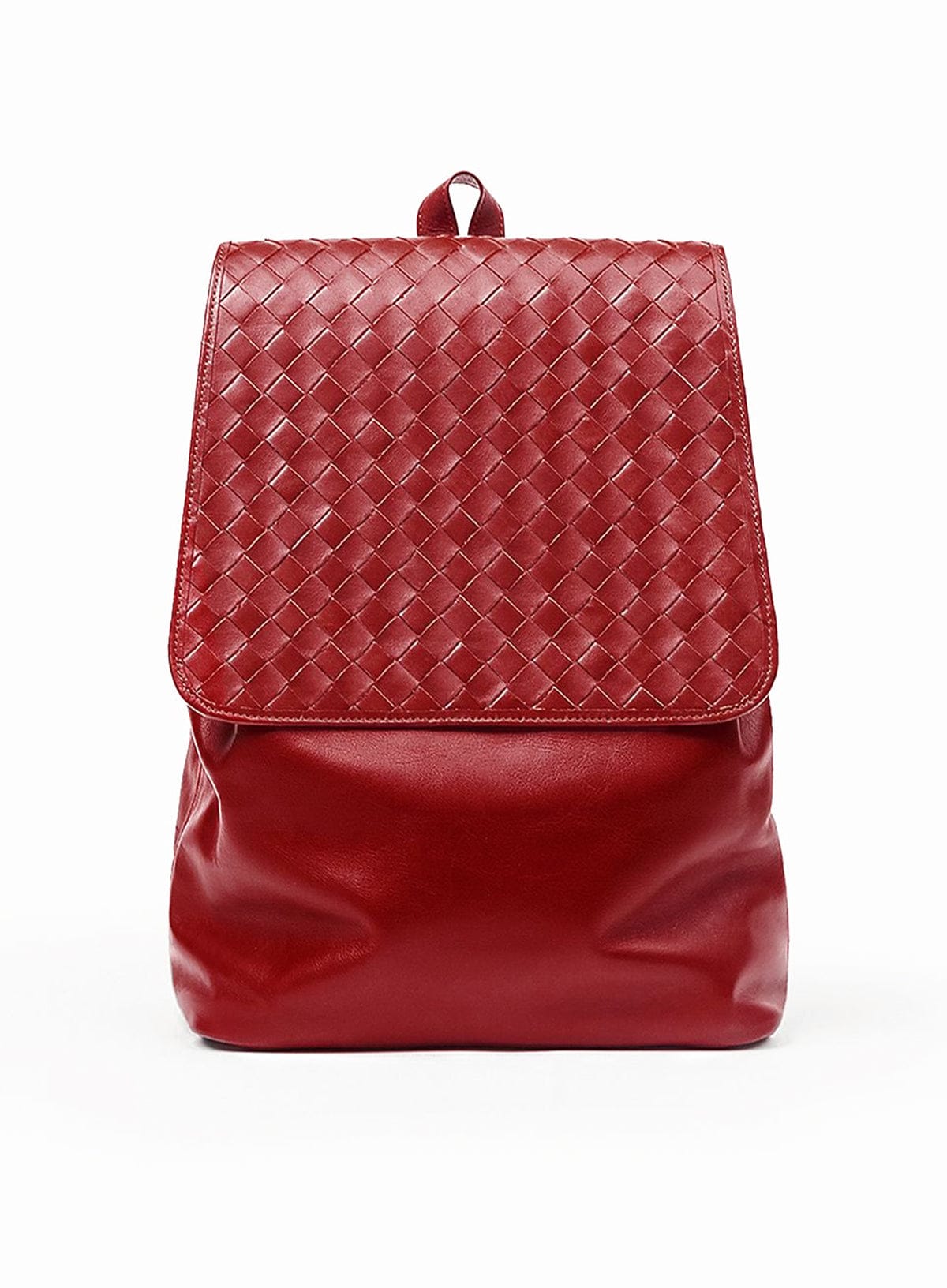 Red woven backpack on a white background