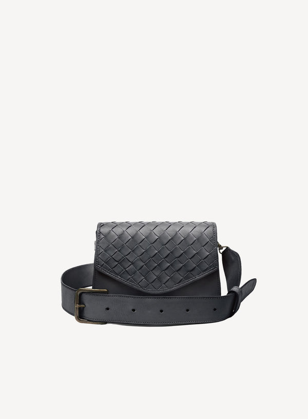 woven belt bag in black with strap from womens bags collection showcasing front-view.