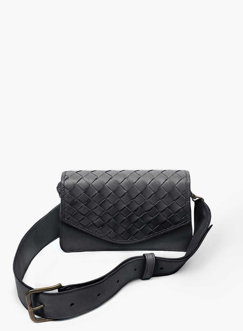 woven belt bag in black from womens bags collection showcasing straps side-view.