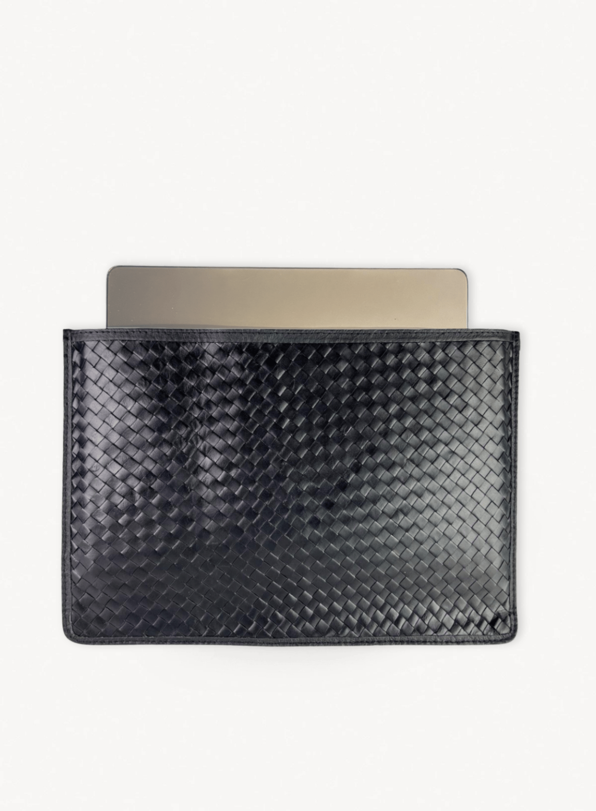 Black woven computer bag front view