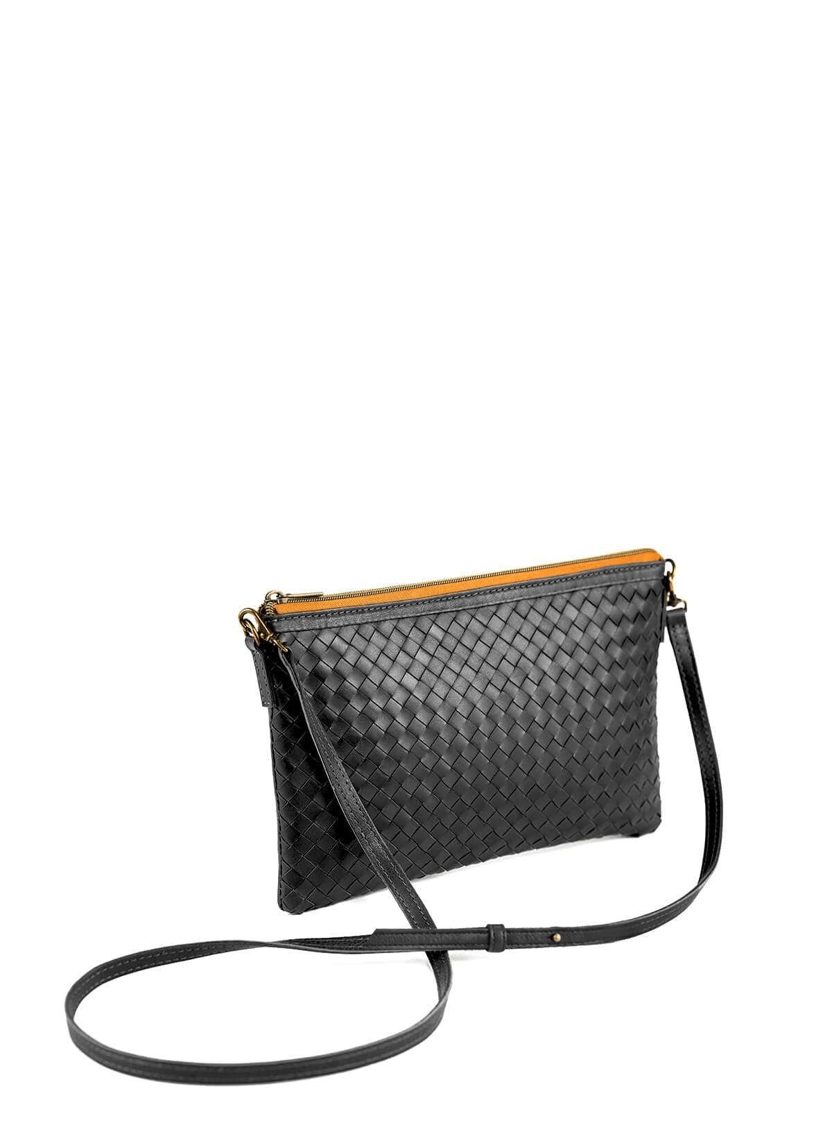 Black woven handbag with a strap on a white background