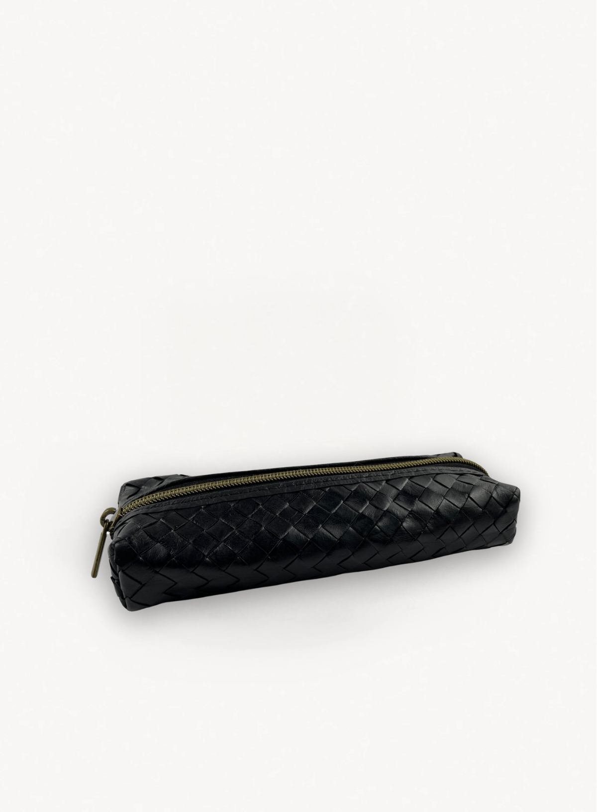 Black woven pencil case, front view.