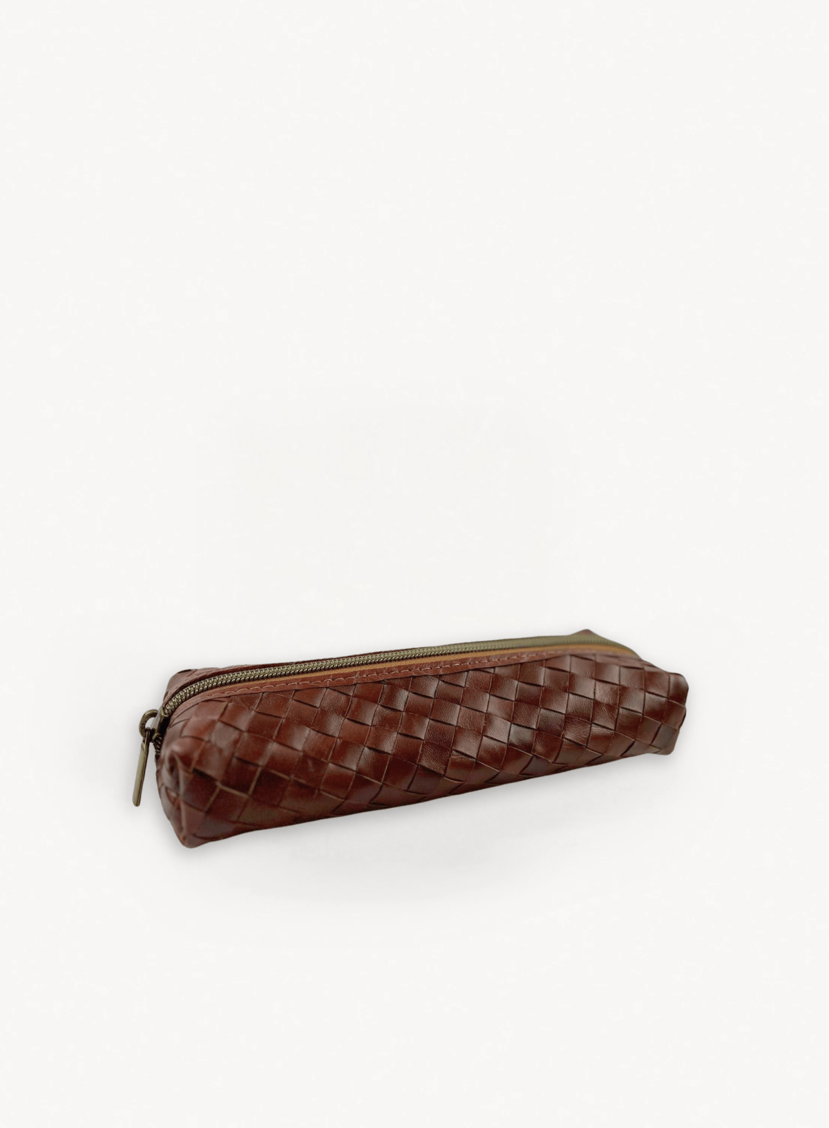 Black woven pencil case, front view.