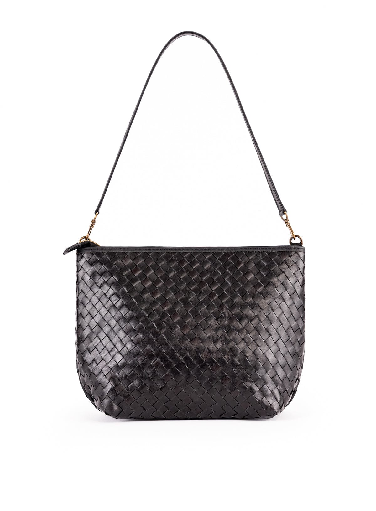 Black woven handbag with a shoulder strap on a white background