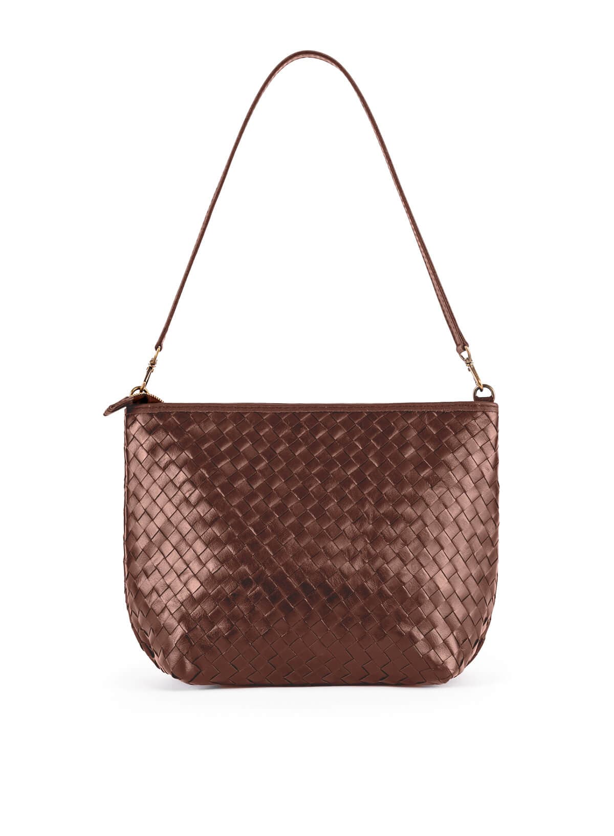 Brown woven handbag with a shoulder strap on a white background