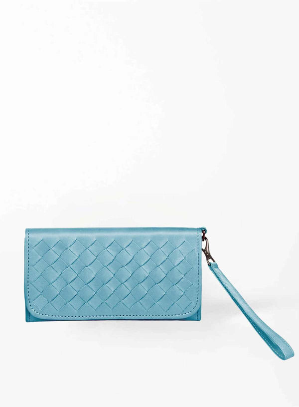 woven wristlet in blue from our spring collection showcasing front view.