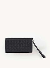 woven wristlet wallet from ethically crafted accessories in black showcasing front view.