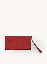 woven wristlet wallet from ethically crafted accessories in red showcasing front view.