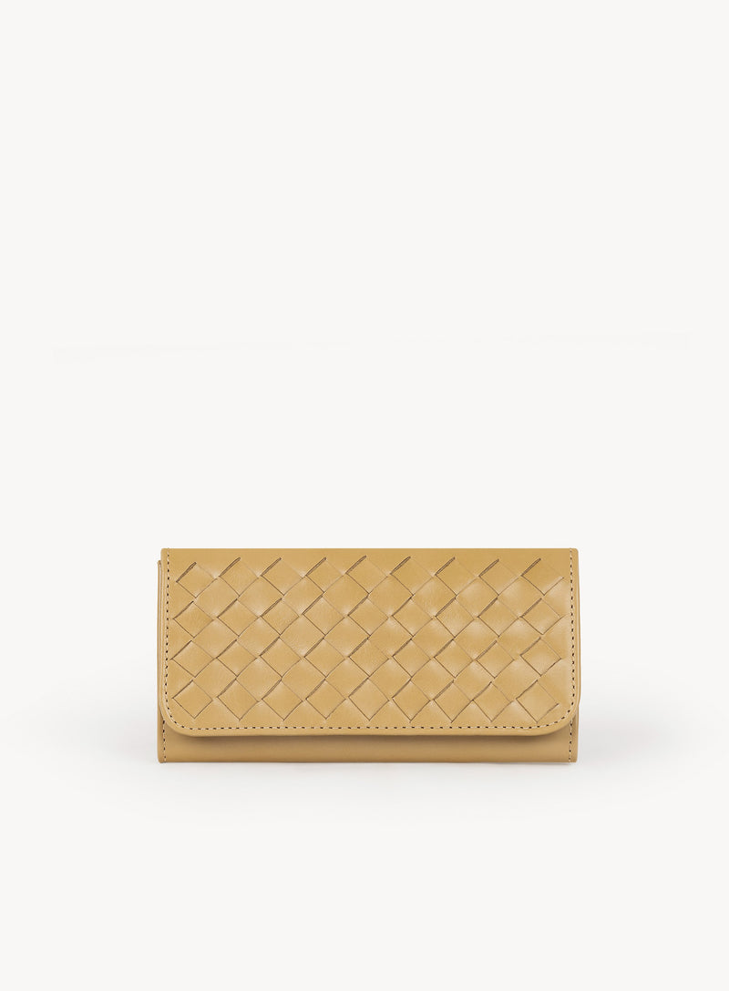 XL trifold wallet in beige woven leather showcasing front view.